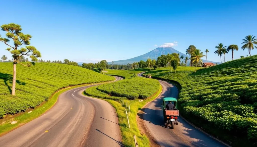 Tea plantation roads near Kersik Tuo village with Mount Kerinci in background