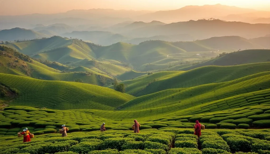 Tea plantations on the slopes of Hantana Mountain Range with workers picking tea leaves