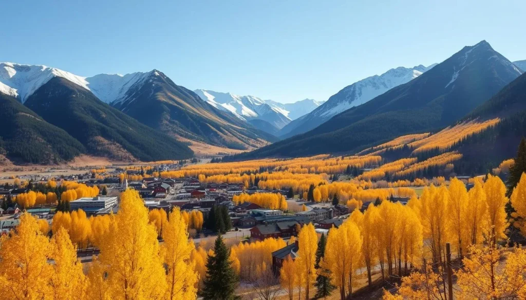 Telluride Colorado best time to visit shown through a panoramic view of the town during fall with golden aspen trees Telluride Colorado best time to visit shown through a panoramic view of the town during fall with golden aspen trees