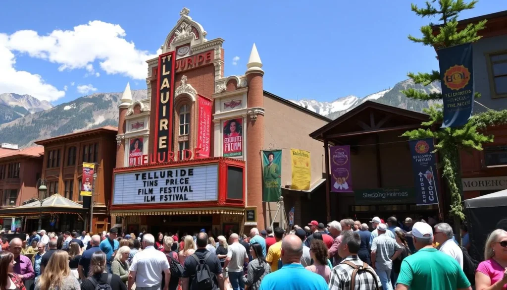 Telluride Film Festival with crowds gathering at a historic theater venue Telluride Film Festival with crowds gathering at a historic theater venue