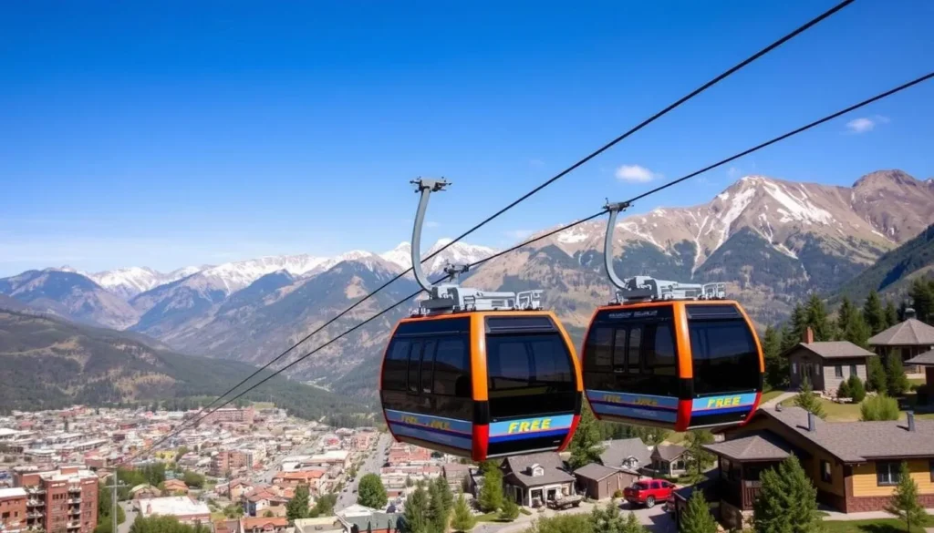 Telluride's free gondola connecting the town with Mountain Village with San Juan Mountains in background Telluride's free gondola connecting the town with Mountain Village with San Juan Mountains in background