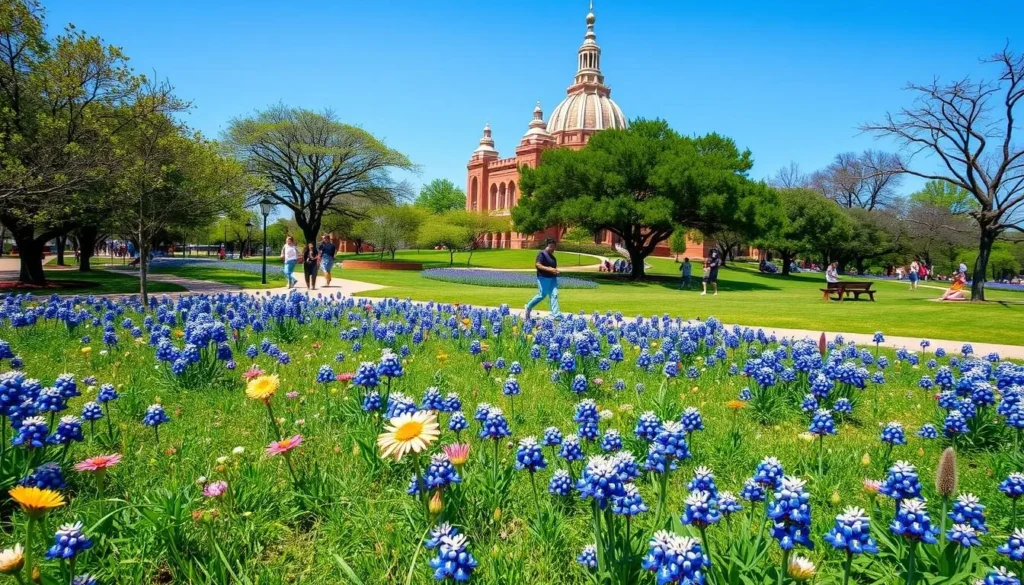 Temple Texas things to do in spring with blooming wildflowers in a park with people enjoying outdoor activities Temple Texas things to do in spring with blooming wildflowers in a park with people enjoying outdoor activities