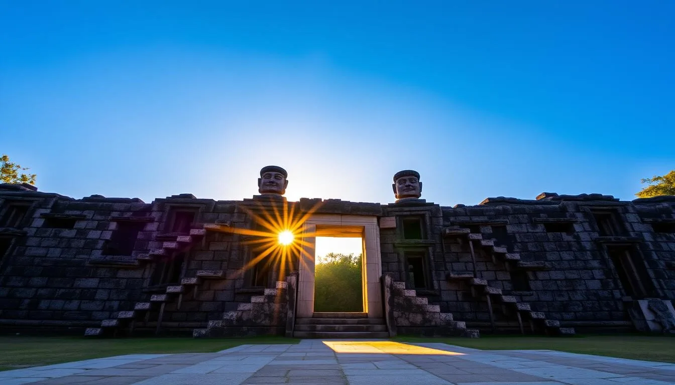 Temple of the Seven Dolls at Dzibilchantun National Park during sunrise with sun rays passing through the central doorway