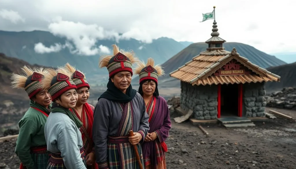 Tenggerese people in traditional clothing near Hindu temple in Probolinggo, Indonesia