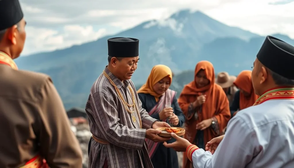 Tenggerese people in traditional clothing performing a ceremony with Mount Semeru in the background