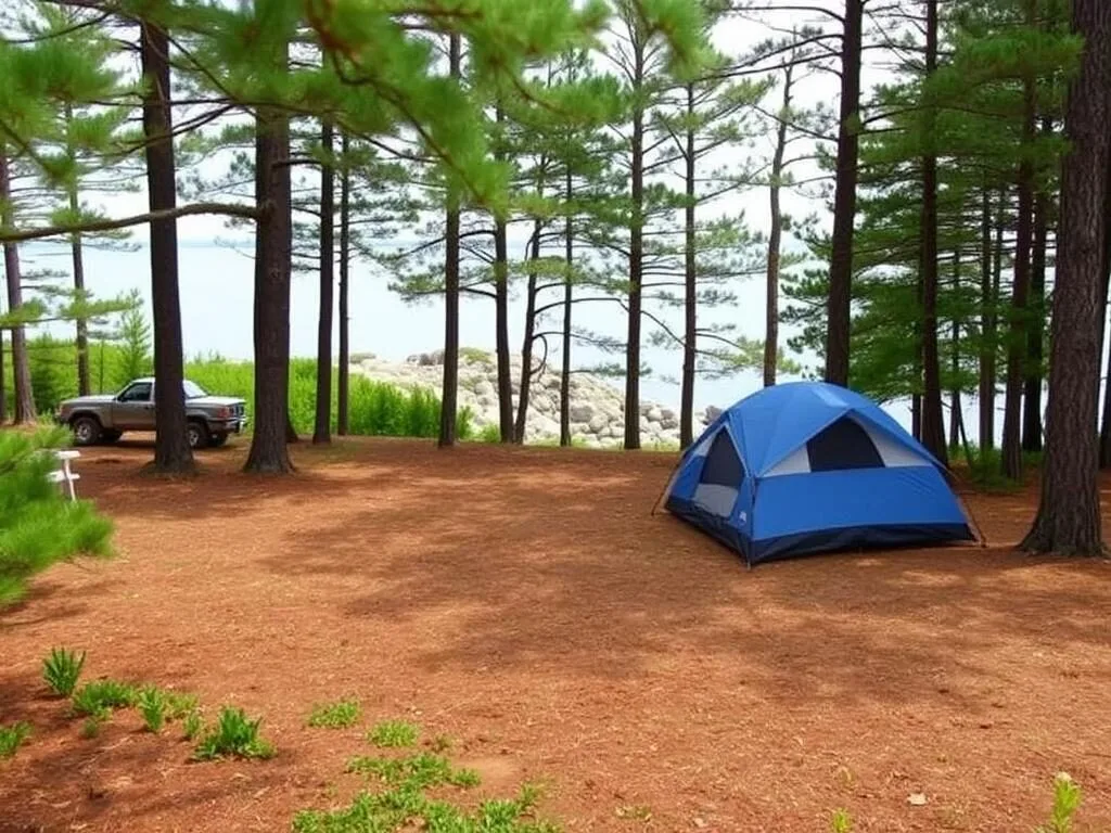 Tent camping area on Little Chebeague Island with coastal views