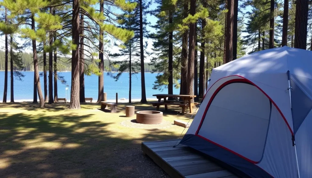Tent campsite at George Lake Campground with lake view and pine trees