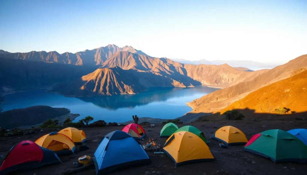 Tents set up at a campsite by Lake Segara Anak with Mount Rinjani in the background Tents set up at a campsite by Lake Segara Anak with Mount Rinjani in the background