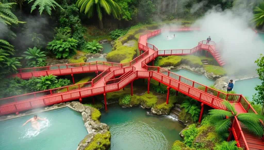 Termas Geometricas hot springs in Pucon Chile with red wooden walkways