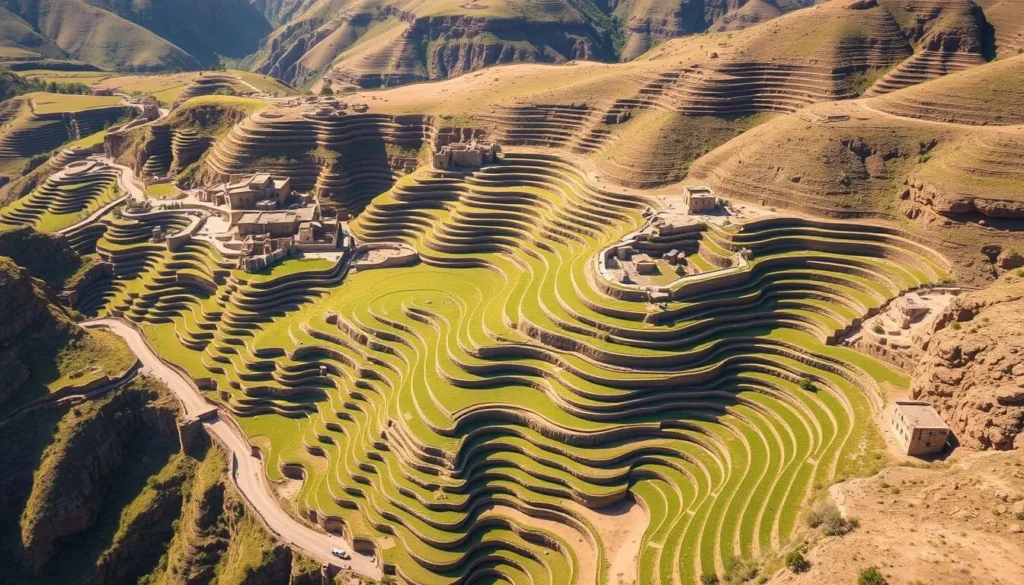 Terraced agricultural fields surrounding Thula Yemen with traditional irrigation systems