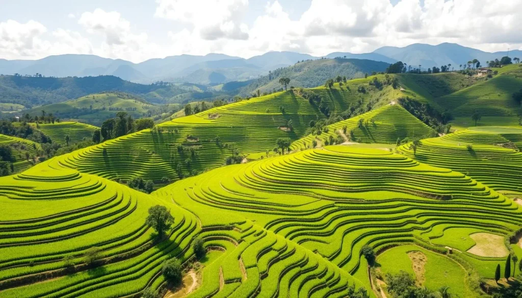 Terraced rice fields surrounding Soavinandriana in bright green colors