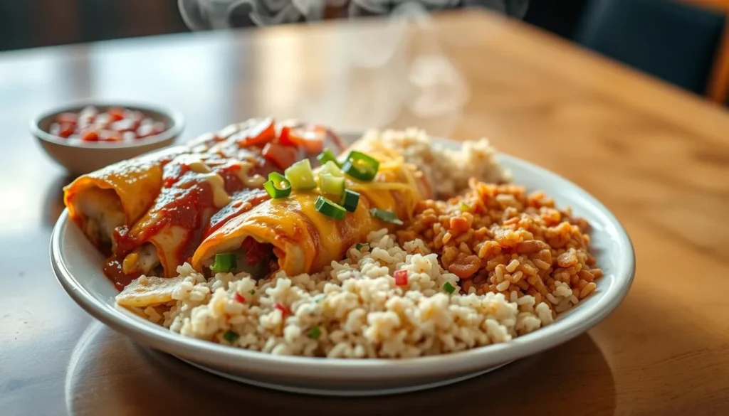 Tex-Mex food plate with enchiladas, rice, and beans at a Sherman restaurant Tex-Mex food plate with enchiladas, rice, and beans at a Sherman restaurant