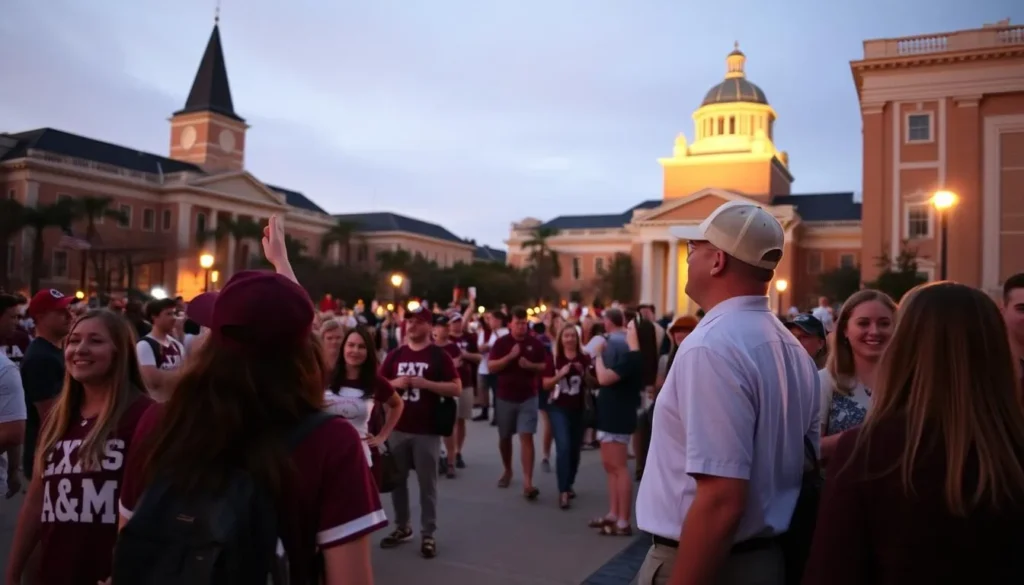 Texas A&M University traditions with students and visitors in College Station Texas