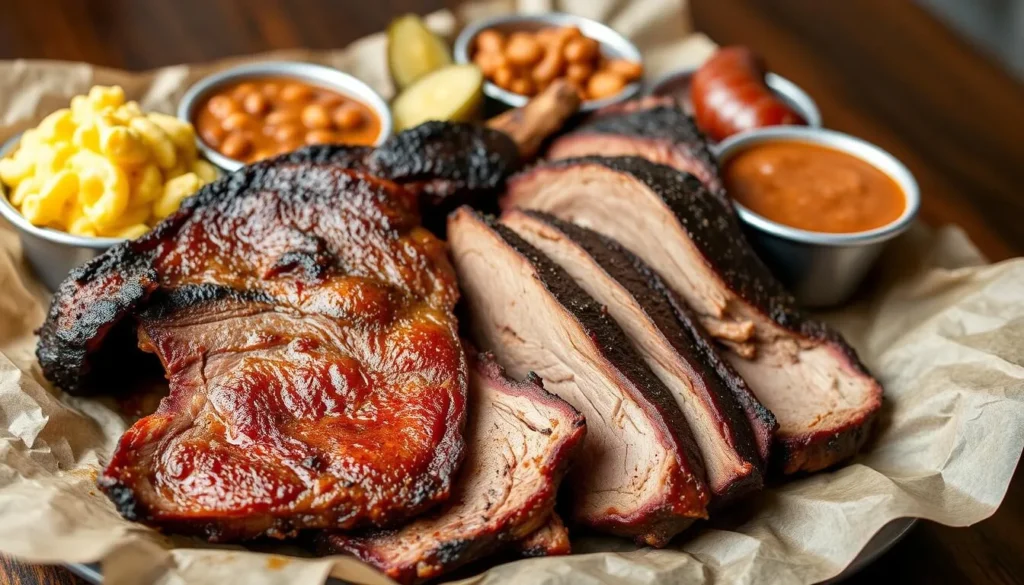 Texas BBQ plate from Burnt Bean Co. in Seguin featuring brisket, ribs, and sides