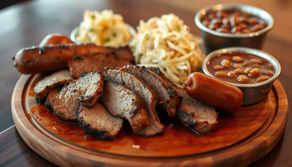 Texas BBQ plate with brisket and sides at Bill Miller BBQ in Timberwood Park Texas BBQ plate with brisket and sides at Bill Miller BBQ in Timberwood Park