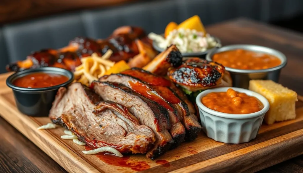 Texas BBQ plate with brisket, ribs, and sides at a Duncanville restaurant