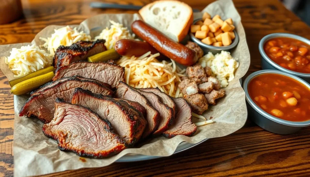 Texas BBQ plate with brisket, ribs, and sides at a Hutto restaurant