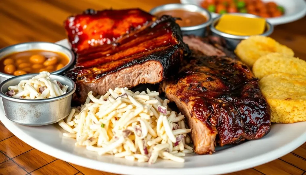 Texas BBQ plate with brisket, ribs, and sides at a Lufkin restaurant
