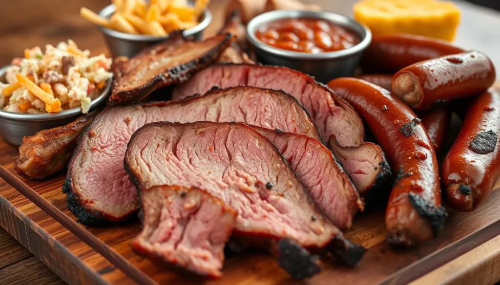 Texas BBQ platter at a popular Hurst restaurant with brisket, ribs, and sides Texas BBQ platter at a popular Hurst restaurant with brisket, ribs, and sides