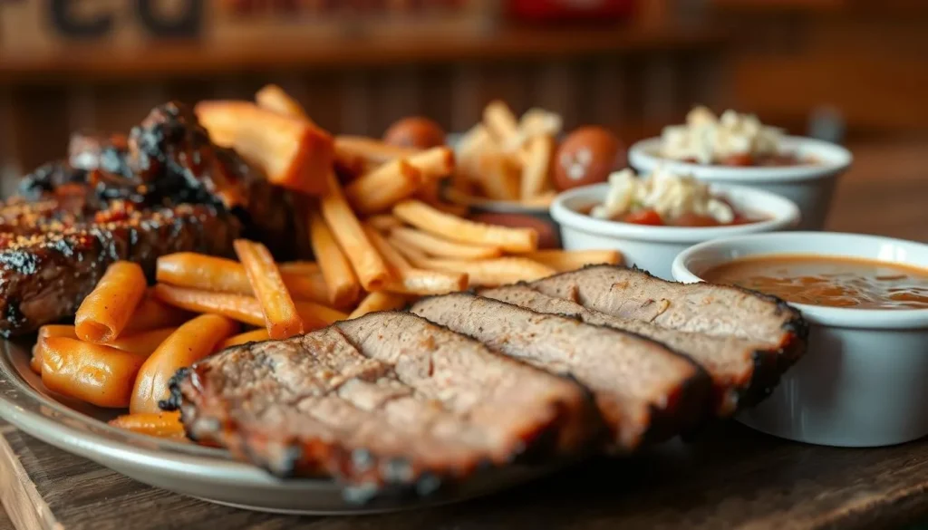 Texas BBQ platter with brisket, ribs, and sides at a Conroe restaurant