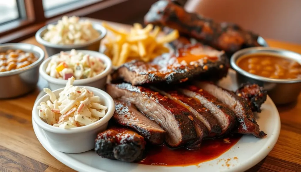 Texas BBQ platter with brisket, ribs, and sides at a Princeton restaurant Texas BBQ platter with brisket, ribs, and sides at a Princeton restaurant