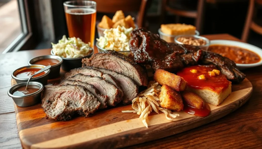 Texas BBQ platter with brisket, ribs, and sides at a local Wylie restaurant