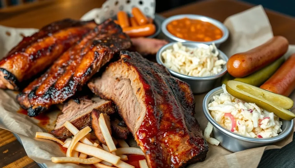 Texas BBQ platter with brisket, ribs, and sides at a popular Pasadena restaurant Texas BBQ platter with brisket, ribs, and sides at a popular Pasadena restaurant