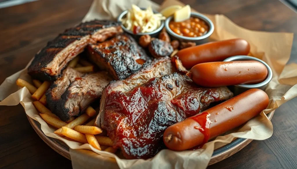 Texas BBQ platter with brisket, ribs and sides at a popular Schertz restaurant, one of the best things to do for foodies Texas BBQ platter with brisket, ribs and sides at a popular Schertz restaurant, one of the best things to do for foodies