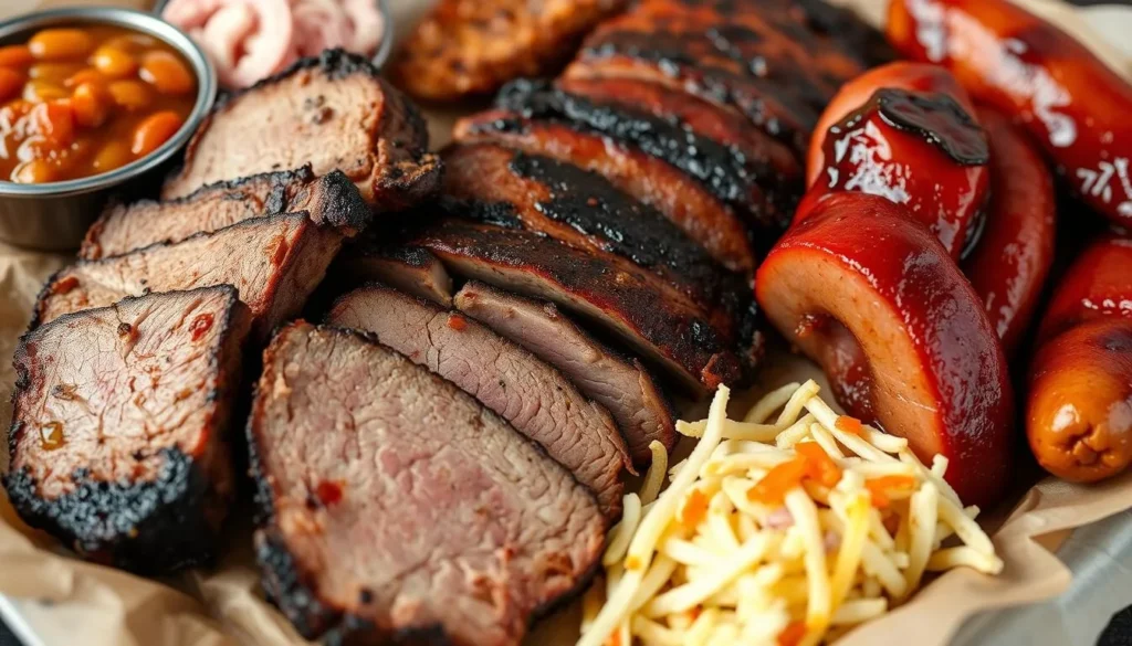 Texas BBQ platter with brisket, ribs, and sides at a restaurant in Euless
