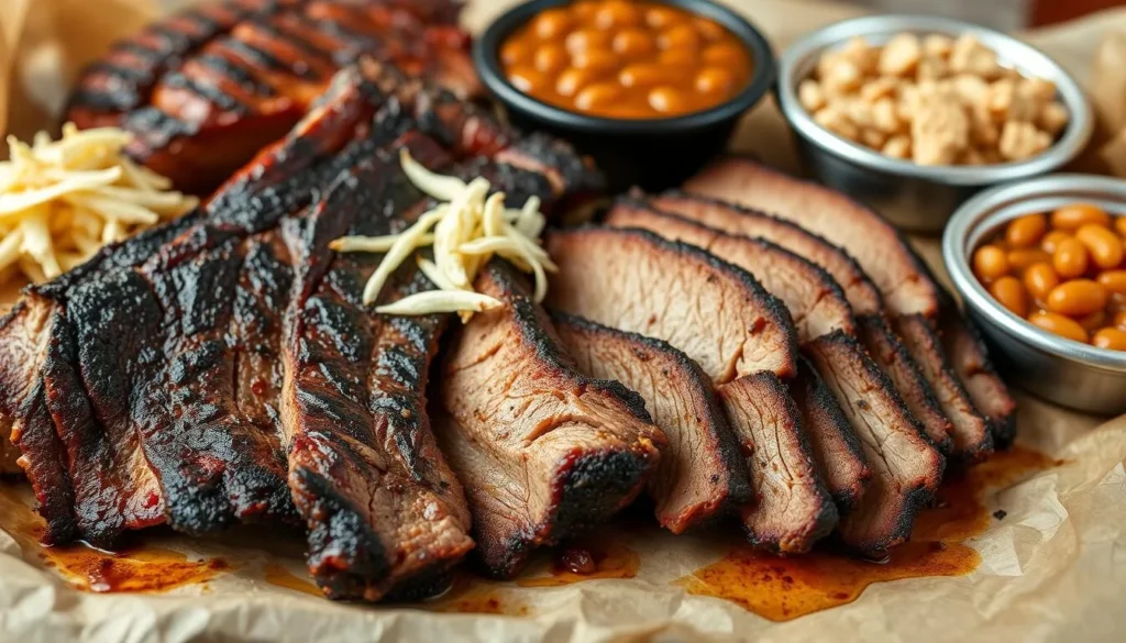 Texas BBQ spread with brisket, ribs, and sides near Longhorn Cavern State Park, Texas
