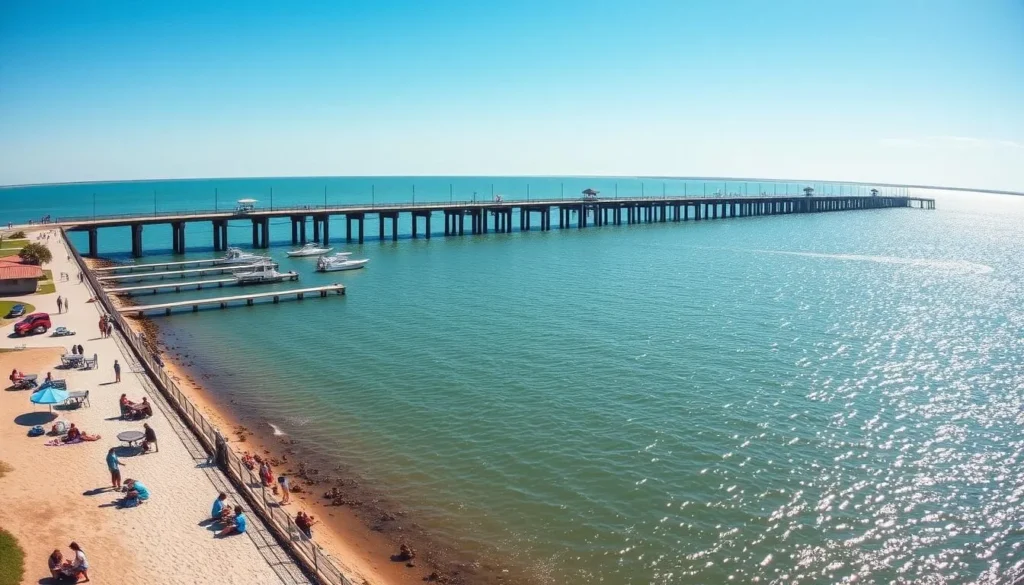 Texas City Dike with fishing piers, boats, and people enjoying outdoor activities