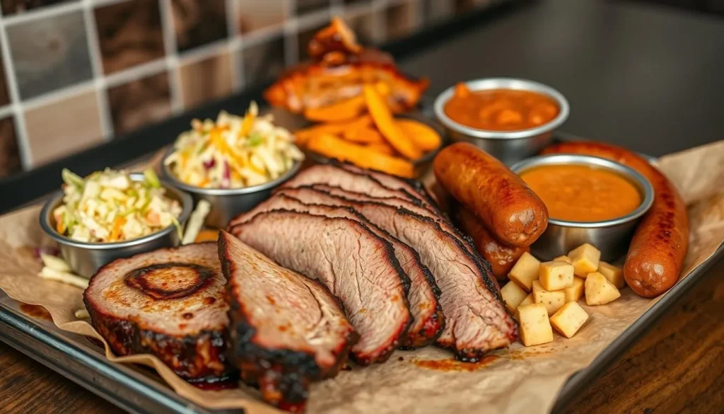 Texas barbecue plate with brisket, ribs, and sides at a Rosenberg restaurant