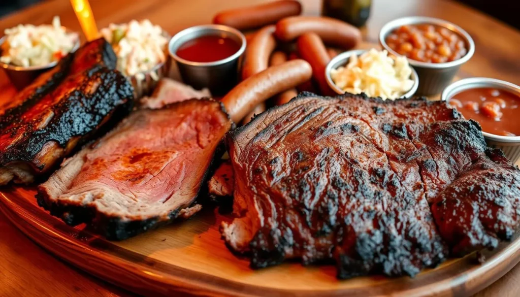 Texas barbecue platter with brisket, ribs, and sides in Huntsville restaurant Texas barbecue platter with brisket, ribs, and sides in Huntsville restaurant