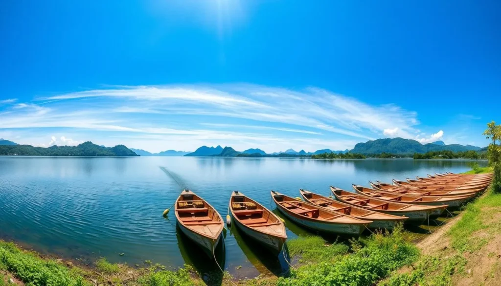 Tha Ngon Lake during dry season with clear blue skies and calm waters
