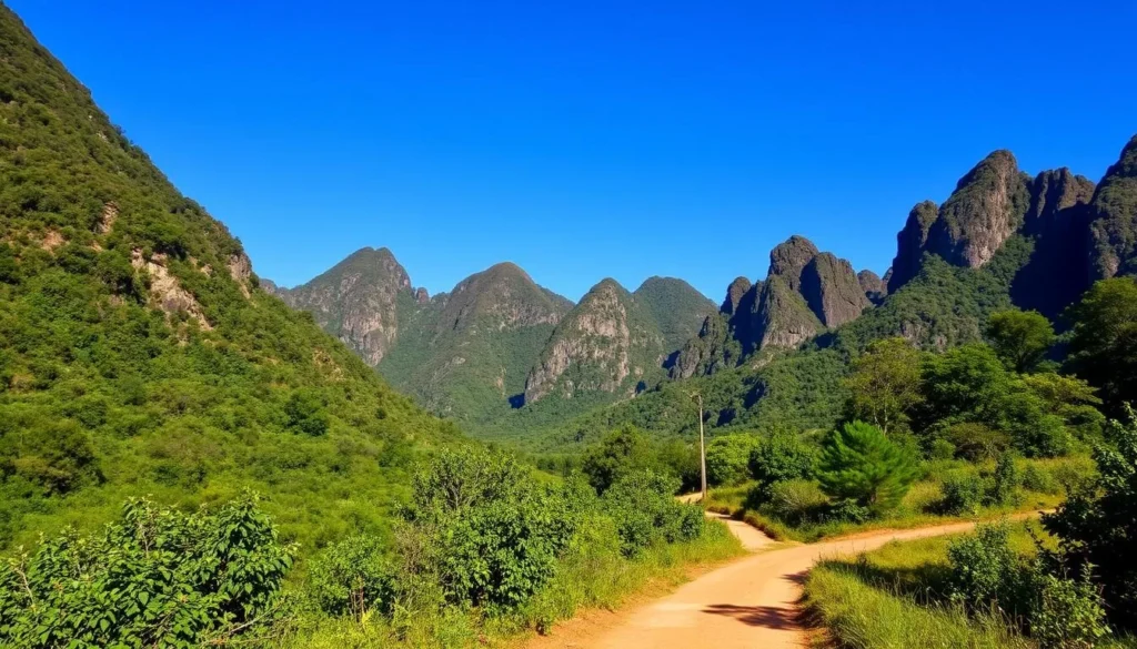 Thakhek landscape during dry season showing clear blue skies and limestone mountains