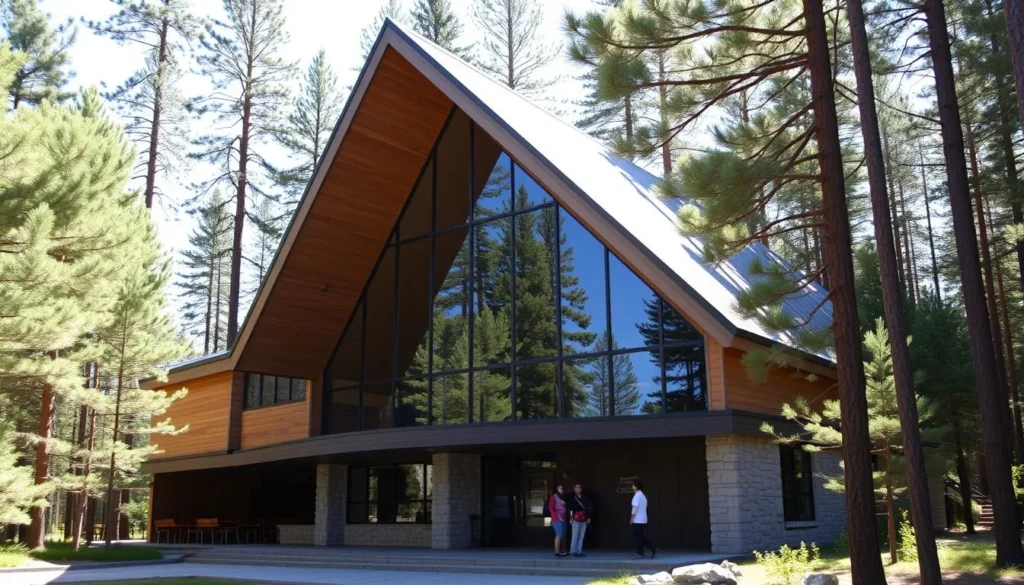 The Algonquin Visitor Centre with its distinctive architecture surrounded by forest