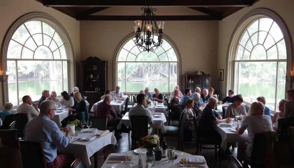 The Ball Room Restaurant at Wakulla Springs Lodge with diners enjoying meals overlooking the spring