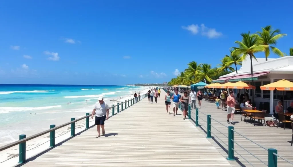 The Barbados Boardwalk in Hastings with people walking and ocean views