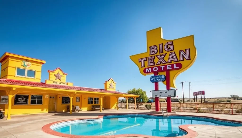 The Big Texan Motel with its Texas-shaped swimming pool in Amarillo