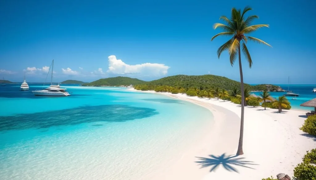 The Bight beach on Norman Island with white sand and anchored yachts
