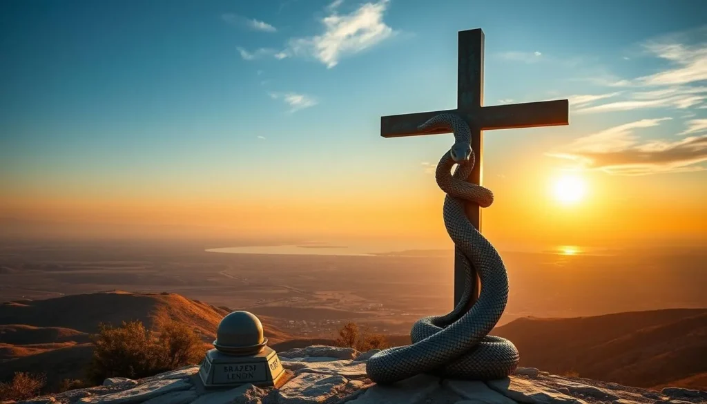 The Brazen Serpent sculpture at Mount Nebo with the valley view in the background