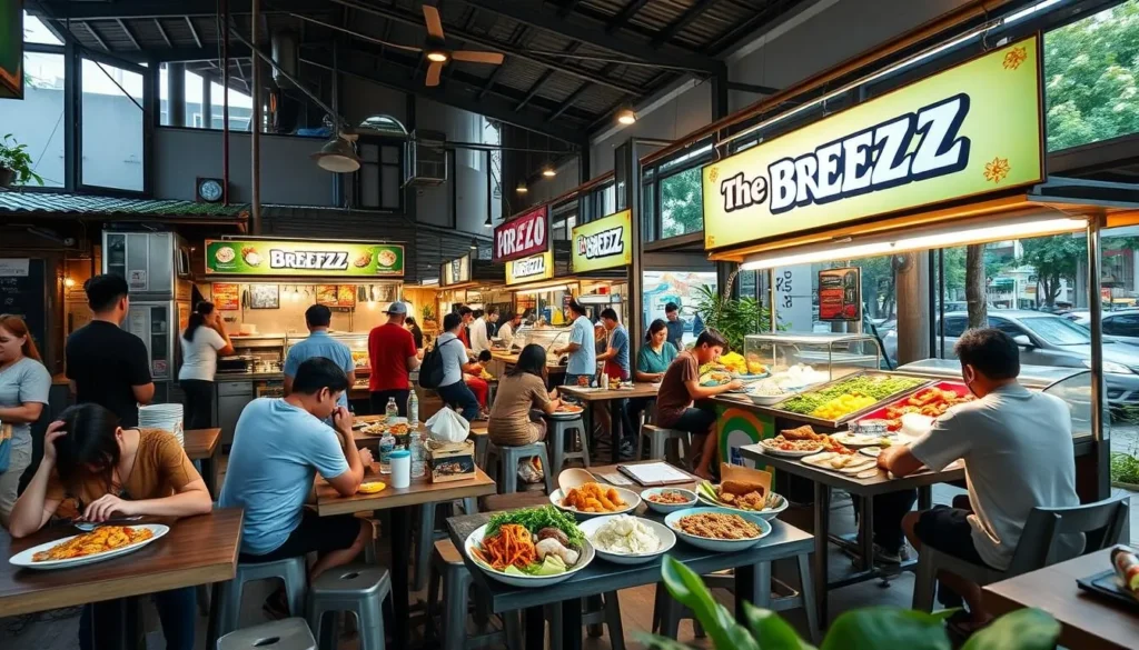 The Breeze BSD food court with various food stalls and outdoor dining area