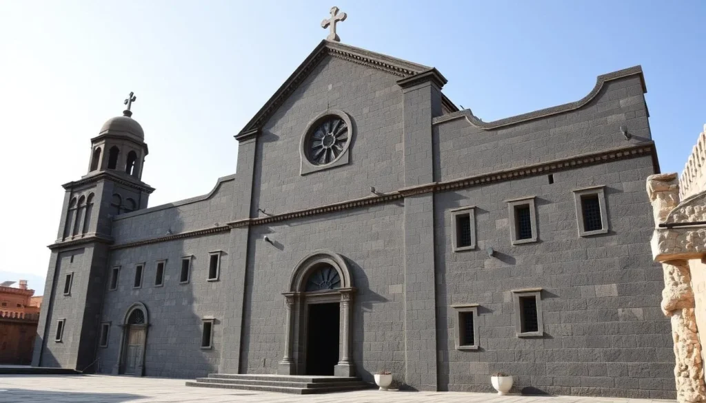 The Cathedral of Bosra with its distinctive basalt stone architecture and Byzantine design elements