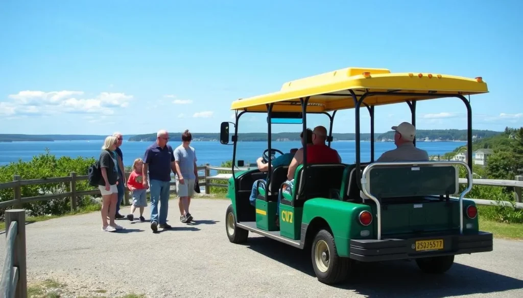 The Cranberry Explorer shuttle bus on Great Cranberry Island with passengers boarding The Cranberry Explorer shuttle bus on Great Cranberry Island with passengers boarding