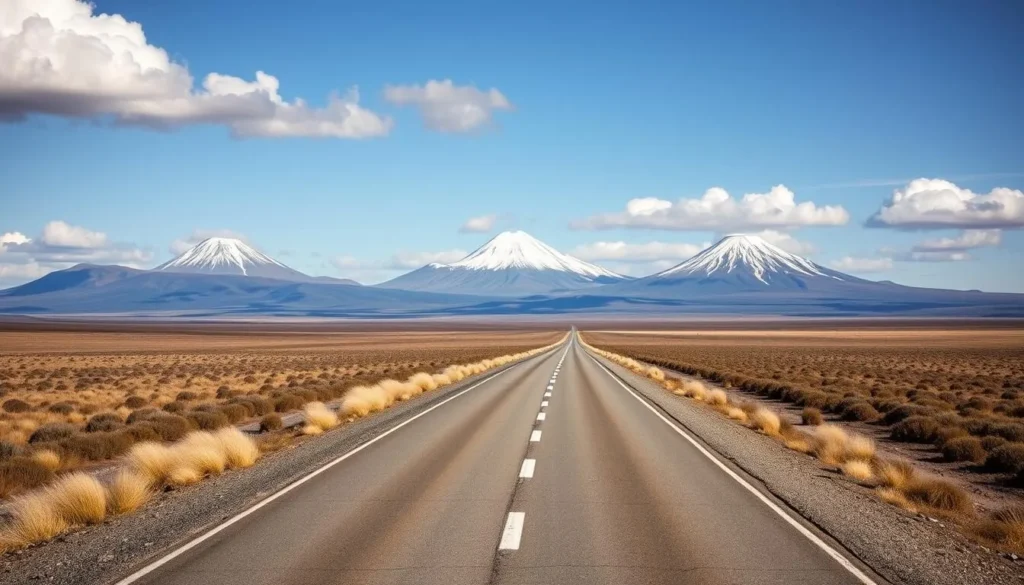 The Desert Road (SH1) with views of Tongariro National Park volcanoes in the distance The Desert Road (SH1) with views of Tongariro National Park volcanoes in the distance