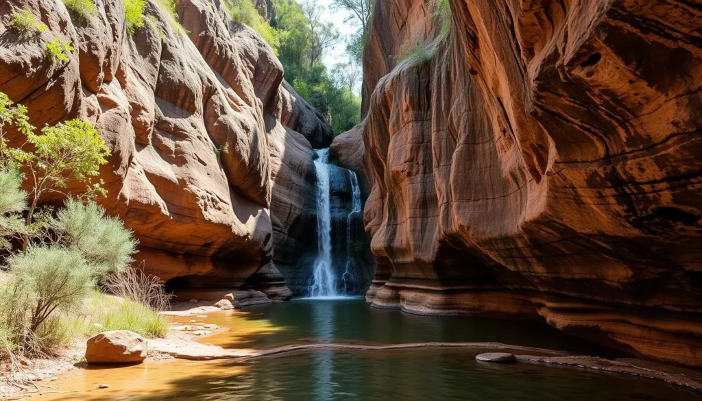 The Drip Gorge in Mudgee showing sandstone formations with water trickling down creating a natural oasis The Drip Gorge in Mudgee showing sandstone formations with water trickling down creating a natural oasis