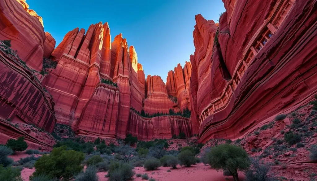 The Gothic Cathedral rock formation in Talampaya National Park with towering red walls The Gothic Cathedral rock formation in Talampaya National Park with towering red walls