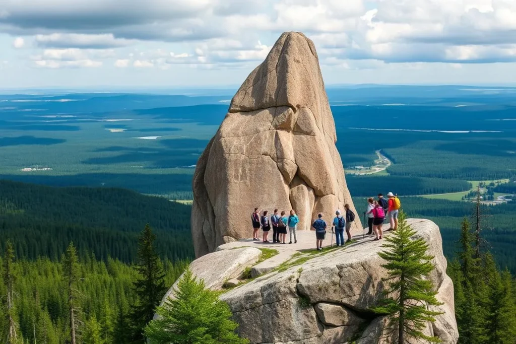 The Grandfather rock formation with hikers enjoying panoramic views from its shoulder The Grandfather rock formation with hikers enjoying panoramic views from its shoulder