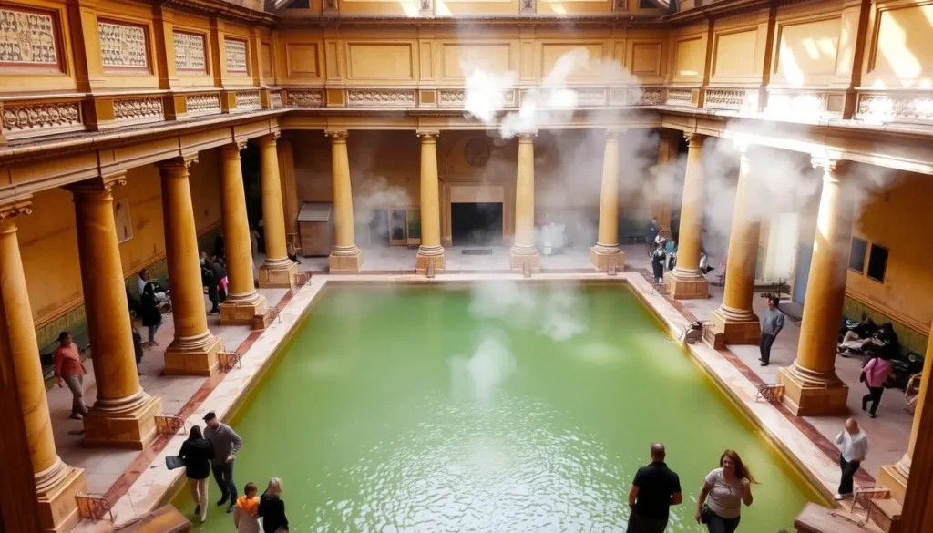 The Great Bath at the Roman Baths complex with steam rising from the water and ancient Roman columns