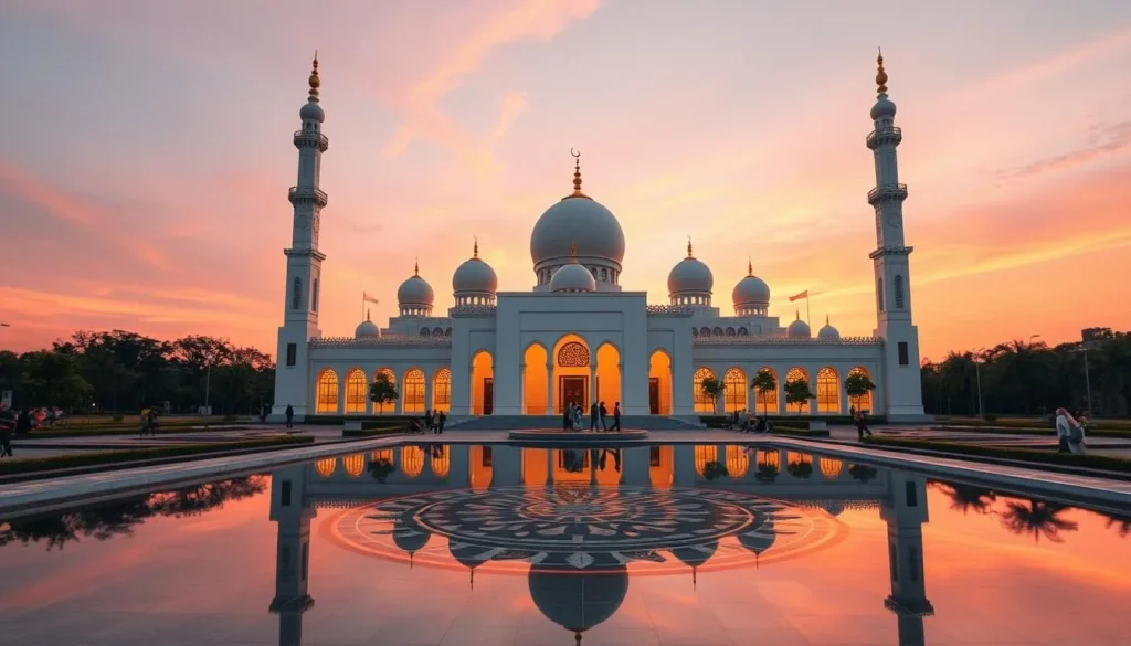 The Great Mosque of An-Nur in Pekanbaru at sunset with its white domes and minarets